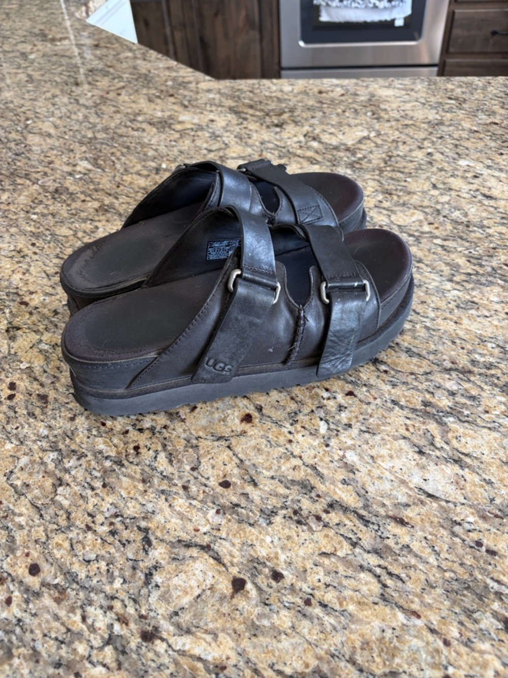 UGG Black Leather Double-Strap Slide Sandals